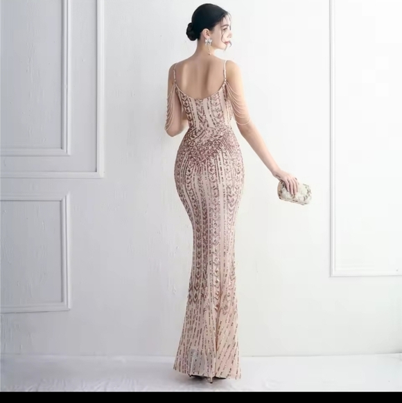 Elegant Sequined Evening Gown in Beige - Picture 6 of 13